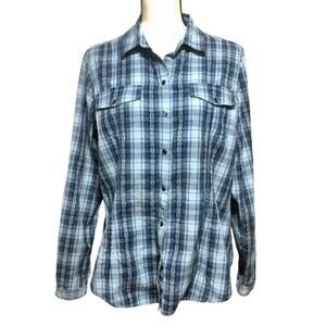 Woolrich Women’s Western Cowgirl Pearl Button Up Plaid Shirt Cotton Blue Large